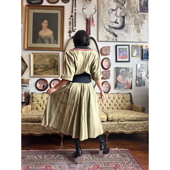 Vintage 80s Olive Green Ribbed Waist Collared Midi Dress Size 7 Medium - Picture 5 of 9